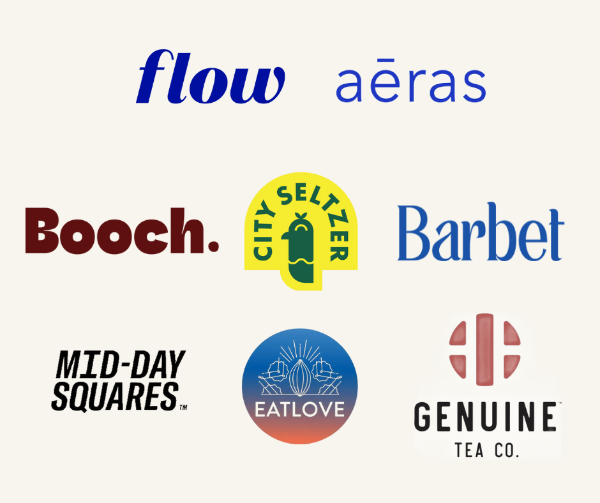 A collage of multiple brand logos on a light cream background, including Flow, aïras, Booch, City Seltzer, Barbet, Mid-Day Squares, Eatlove, and Genuine Tea Co.